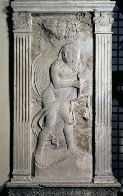 Libra represented by a youth holding scales, from a series of reliefs depicting the planetary symbols and signs of the zodiac, c.1450 by Agostino di Duccio